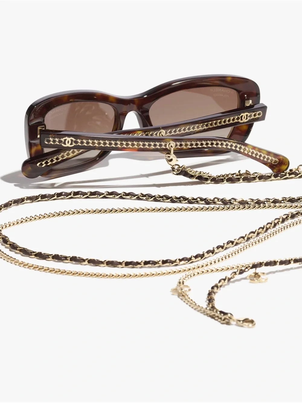 NEW CHANEL rectangle Brown Tortoise Frame Sunglasses with Gold Chain CH5553A